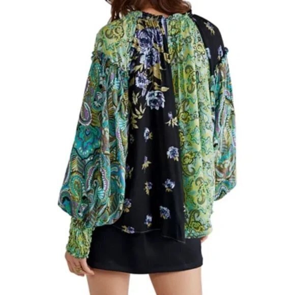 Free People Gemini Patchwork Print Button-Up Blouse Top Womens Size XS Long Slv - Picture 2 of 6